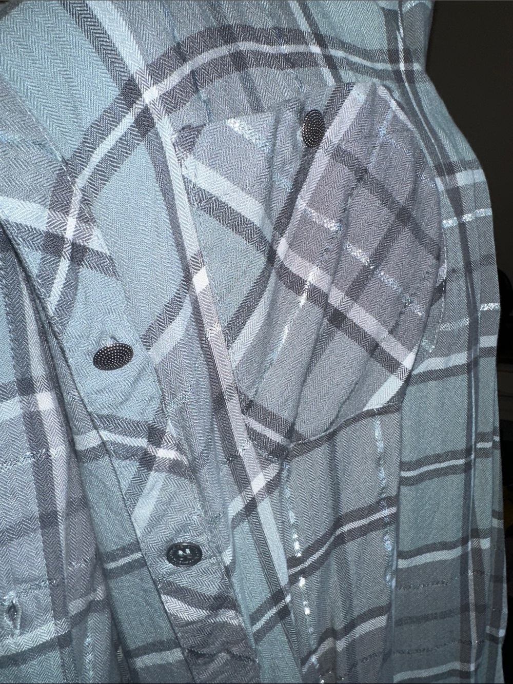Women's Soft Grey/Blue Plaid Button-Down Shirt - Picture 5 of 7